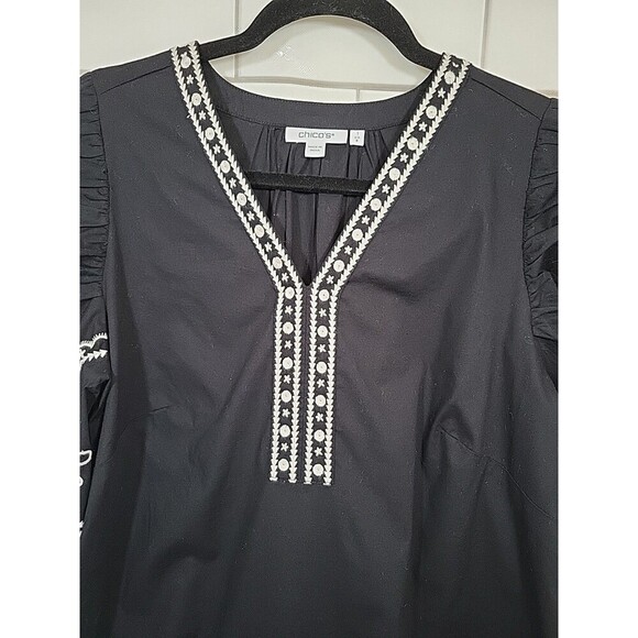 Chico’s Womens Sz 8 Black Embroidered Boho Tunic Dress Puff Sleeve Romantic Goth - Picture 3 of 7
